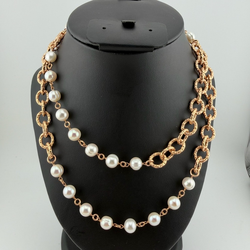 Honora Bronze Cultured Pearl Hammered Link Necklace Rose Gold Tone
